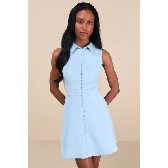 Lulus  Blue Pinstriped Collared Mini Dress With Pockets NWT Size L Large - Picture 3 of 11